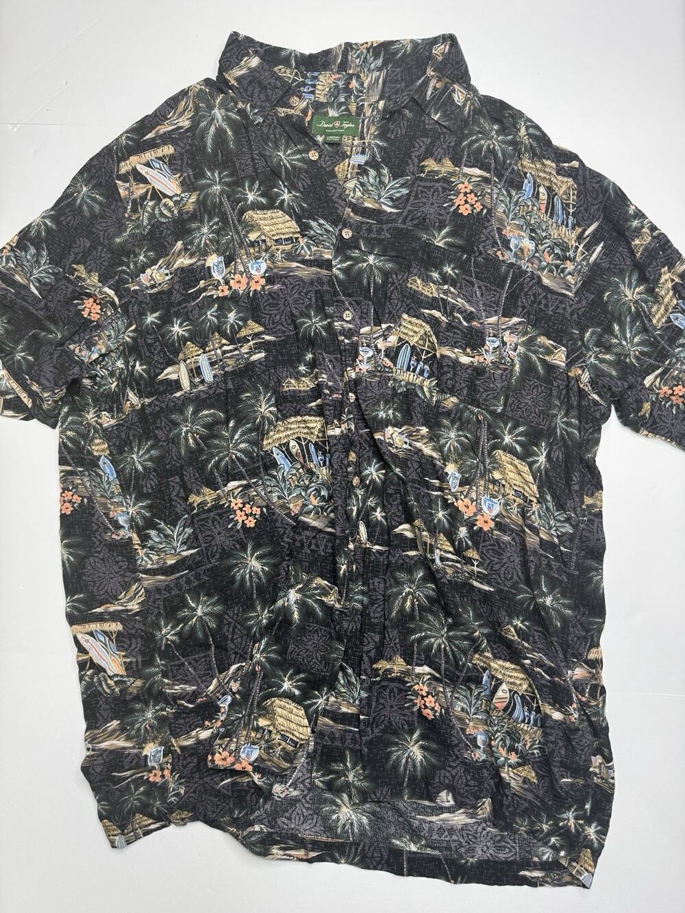 David Taylor Hawaiian Shirt Mens 3XL Black Rayon Surfboard Tiki Tropical Aloha